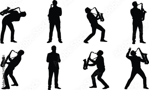 Saxophone player silhouettes set featuring musicians in various performance poses for jazz music concert entertainment and creative artistic vector design