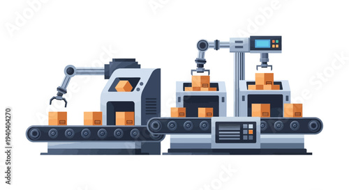An industrial robotic assembly line with conveyor belts and machinery manufacturing products in a factory setting with a technological and engineering focus on production and construction