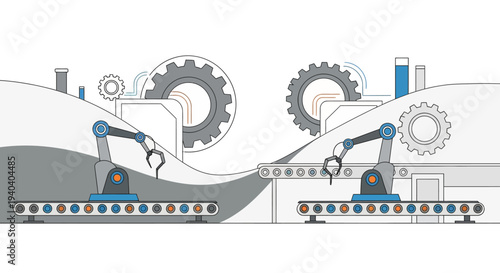 Industrial robotic arms working on a production line with gears and machinery in an urban factory setting with a technological and engineering focus