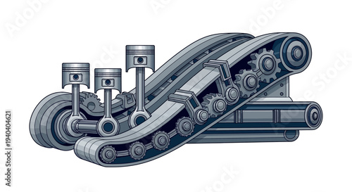 An isometric illustration of industrial machinery components including a conveyor belt and engine parts on a white background with a technical and mechanical mood