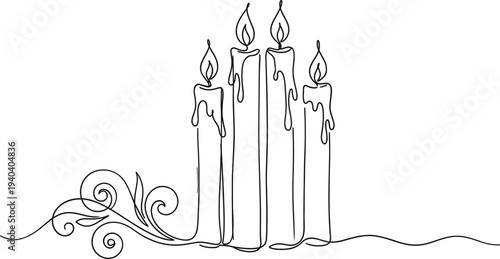 Burning candle line art illustration with melting wax and decorative swirl element minimal festive celebration vector design