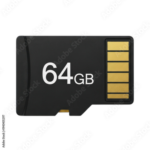 A 64 gigabyte micro sd memory card displayed prominently in a clean layout PNG isolated on transparent background