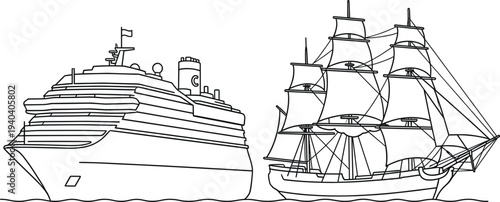 Cruise ship and vintage sailing ship line art illustration showing modern and historical sea transportation vessels on ocean waves
