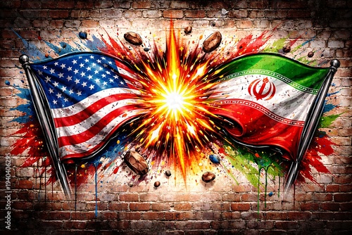 Silhouette of american and iranian flags clashing with explosive light on brick wall background