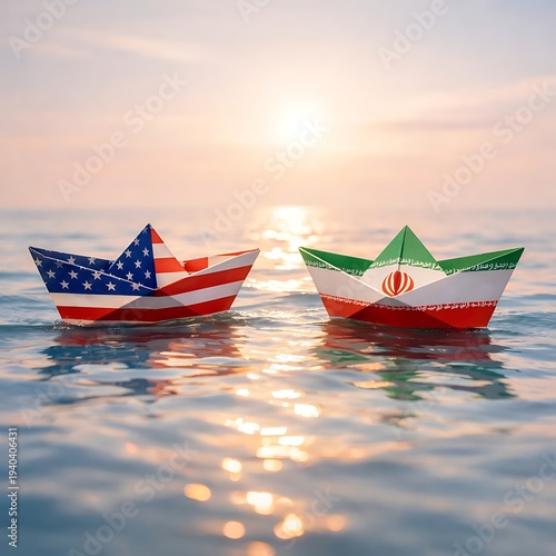 Paper boats with usa and iran flags on calm water at sunset symbolizing diplomacy and international relations