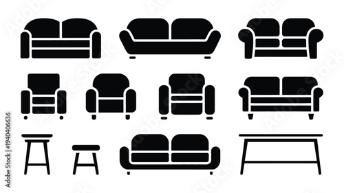 Collection of different furniture silhouettes including sofas armchairs and stools on white background