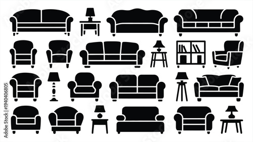 Collection of home furniture silhouettes including sofas armchairs coffee tables and lamps on white background