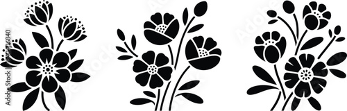 Set of floral black silhouettes, elegant flower bouquets and leaves, botanical nature elements, cad drawing flat vector illustration, minimalist design