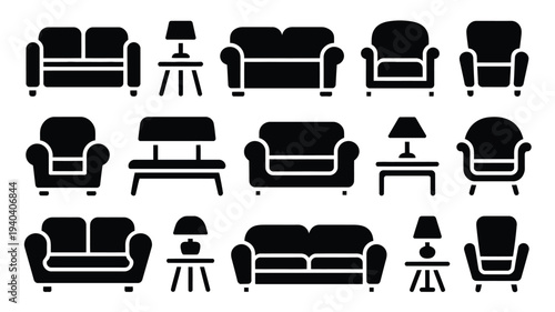 Modern furniture silhouette icon set black on white background sofas chairs tables lamps
