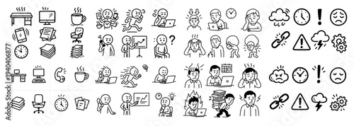 Office icons with desk coffee papers sketch outline