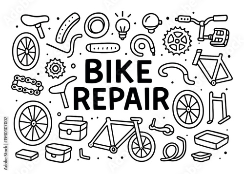 Bike repair icons with tools wheel outline