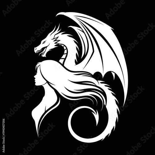 Mythical Dragon and Woman Silhouette - Fantasy Art