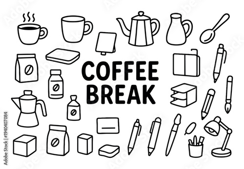 Coffee break icons with cup kettle doodle