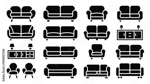 Collection of modern furniture silhouettes including sofas armchairs and coffee tables in black and white for design and decoration purposes