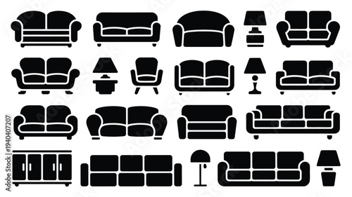Collection of black silhouettes of various furniture pieces including sofas chairs lamps and tables on white background for design and decoration