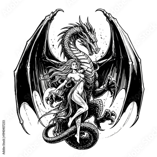 Mystical Dragon and Woman Embrace: Fantasy Art, Mythical Creature, Heroine, Power
