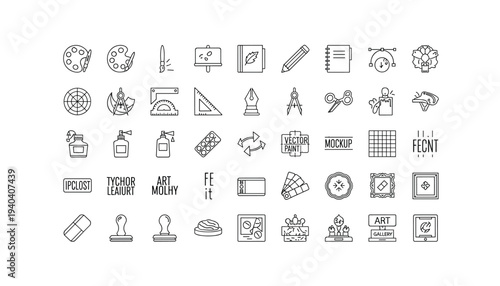 Collection of artistic tools and supplies for creative projects and design