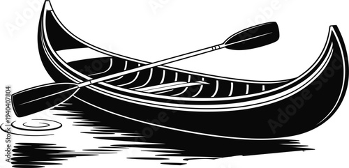 Traditional wooden canoe vector illustration with oars, floating on calm water surface, black and white