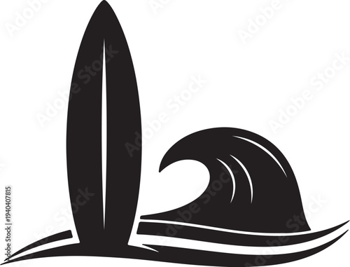 Black surfboard and wave vector icon isolated on White Background