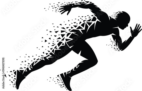 Dynamic running athlete silhouette with triangle dispersion effect, fast sprinter motion for track and field sports