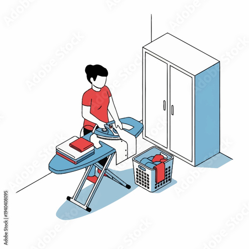 Woman ironing clothes on an ironing board with laundry basket.