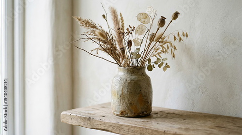 Close-up of a ceramic vase with dried flowers on a minimalist shelf, 