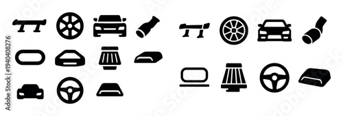 Automotive icons with wheel car spoiler solid style