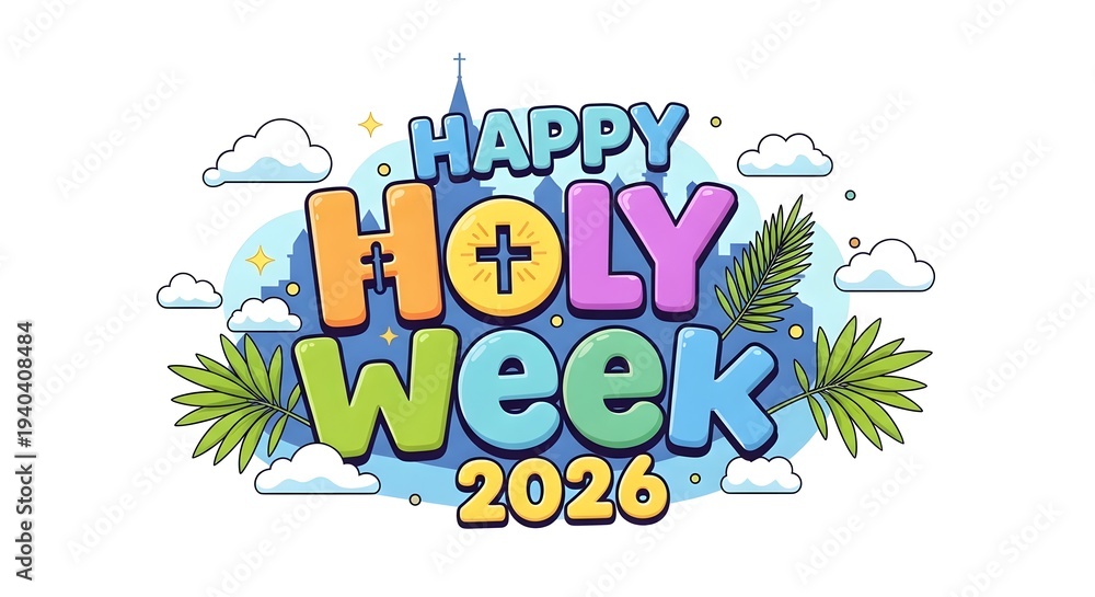 Fototapeta premium Colorful happy holy week 2026 text with clouds and plants on white background