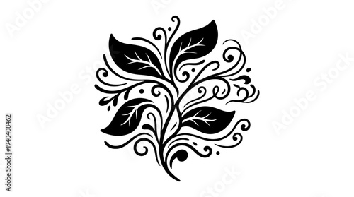 Intricate black floral design featuring swirling leaves and vines on a white background