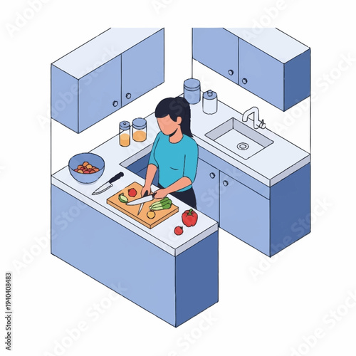 Woman preparing healthy food in a modern kitchen.