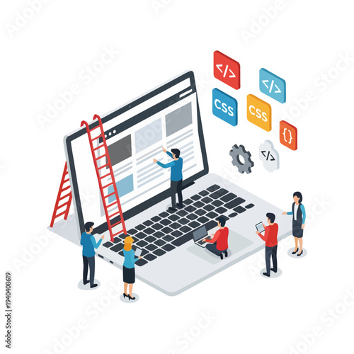 Isometric web development team working on laptop with coding icons.