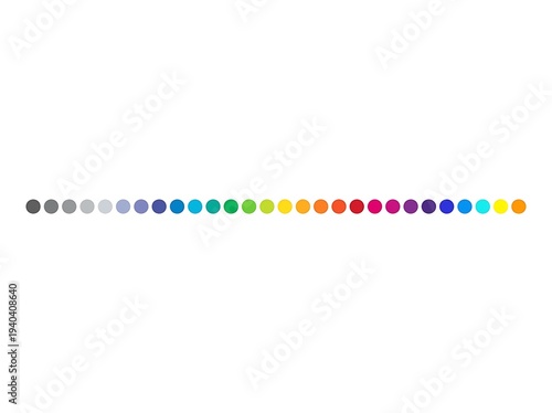 A colorful spectrum of circles arranged in a horizontal line on a plain white background viewed from directly above
