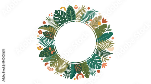 Circular frame design featuring various tropical leaves and floral elements, suitable for invitations