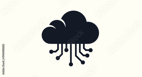 Black cloud icon with circuit board elements on beige background representing data and technology, Generative AI.