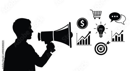 A black silhouette of a man holding a megaphone with various business icons floating nearby, Generative AI.