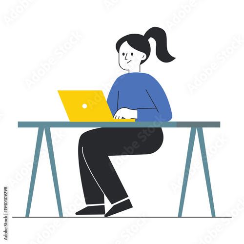 Young woman sitting at a desk working on a yellow laptop computer in a minimalist flat style vector illustration.