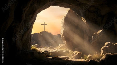 Dramatic Light Illuminates Cross within Empty Tomb A Powerful Resurrection Concept
