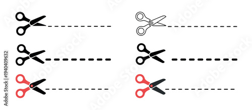 Open Scissors Line Icon Vector Set Featuring Red Scissors Symbol, Cut It Sign and Cutting Line Illustration