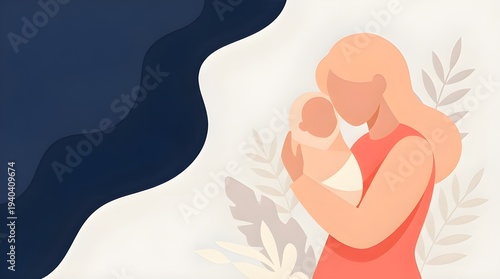 Mother holding her baby with gentle touch and love illustration, Beautiful young mother holds a baby. The concept of family, motherhood, pregnancy. Modern vector flat illustration. Clipart for design