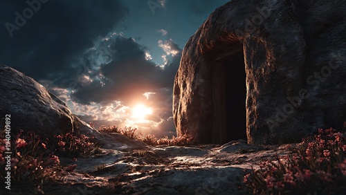 Empty tomb at sunrise with dramatic clouds and flowers
