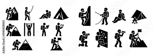Outdoor icons with hikers tents mountains outline
