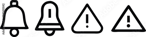 Vector set of notification bell and warning exclamation icons in minimal black line art style.