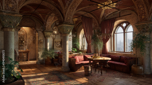 Interior of a cozy room in Romanesque style