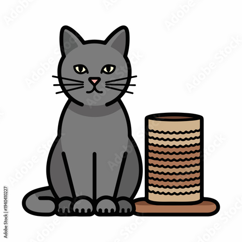 Gray cat sitting beside scratching post. The feline, with bright eyes and sleek fur, is poised next to a woven scratching post on a light background. Concept of pet care and feline well-being.