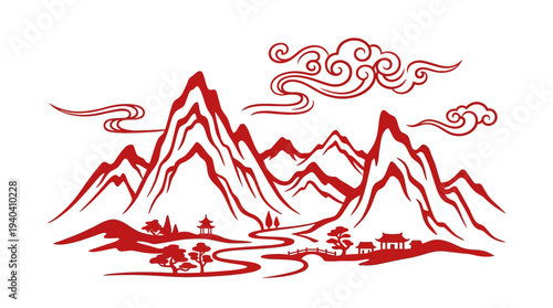 Serene Red Mountain Landscape with Traditional Structures and Flowing River Under Clouds