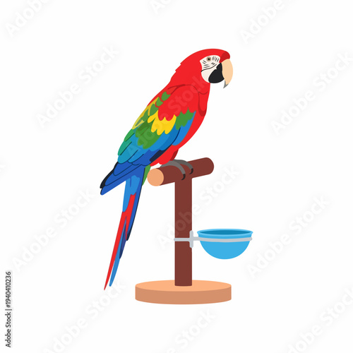Colorful macaw parrot standing on perch with bowl on wooden stand. Macaw parrot features vibrant feathers in red, blue, and green colors, showcasing its stunning appearance.