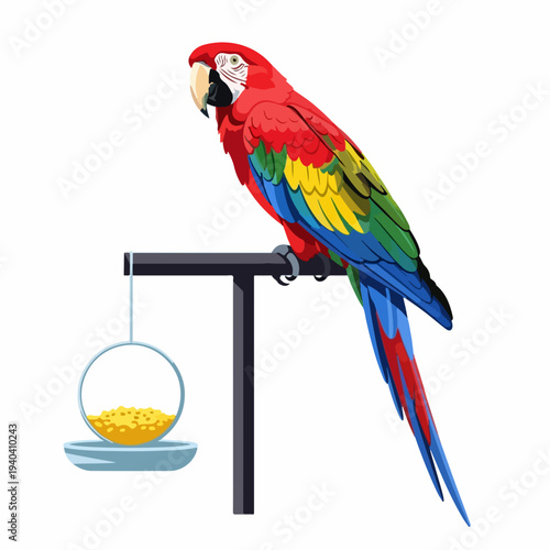 Colorful parrot perched on feeder with bowl of seeds. The parrot displays vibrant feathers including red, blue, and green. Concept of pet care for bird lovers, showcasing colorful avian beauty.