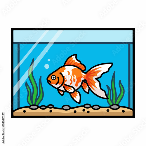 Colorful goldfish swimming in aquarium with plants and stones. Aquarium setting features vibrant orange fish among green aquatic plants and gravel in clear water.