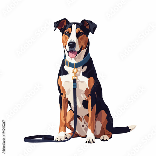 Dog sitting with leash and collar, friendly domestic dog showing loyalty and companionship. Dog features a beautiful coat with distinctive markings and is ready for a walk.