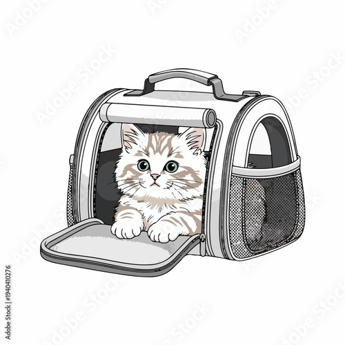 Cute cat in pet carrier showing friendly expression while peeking out with curiosity from front door. Adorable cat enjoys comfortable space inside pet carrier, perfect for travel or vet visits.